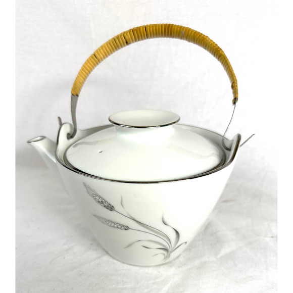 Vintage Noritake Prosperity Tea Pot Silver Wheat 6841 Bamboo Handle - Picture 2 of 12
